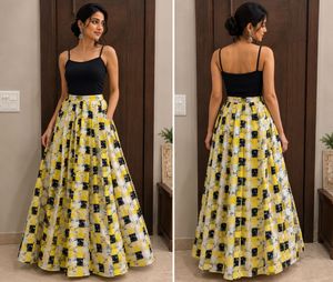Yellow & Black Printed Maxi Skirt
