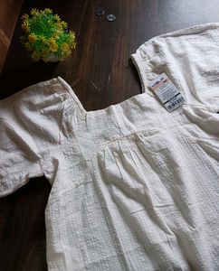Cream Textured Square Neck Dress