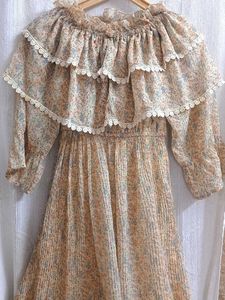 Vintage Yellow Floral Pleated Midi Dress