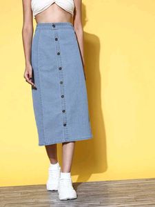 Sassafras Wash Denim Button-Front Midi Skirt