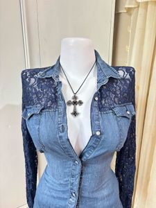 Denim Lace Sleeve Button-Up Shirt