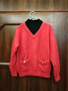 Cozy Red V-Neck Sweater with Pockets