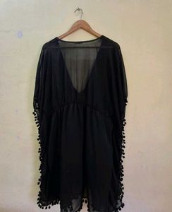 Sheer Black Cover-up kaftan with Pom-Poms