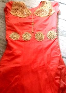 Elegant Coral Dress with Gold Embellishments