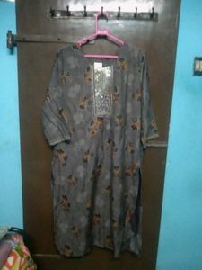 Grey Floral Kurta with Embellished Neck