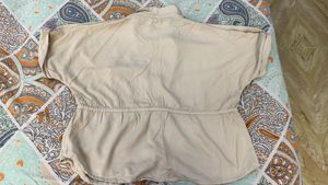 Beige Drawstring Waist Button-Up Top
