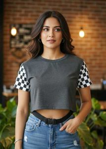 Gray Crop Top with Checkered Sleeves