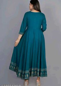 Teal Anarkali Kurta with Golden Print-XXL
