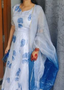 Elegant White & Blue Floral Gown