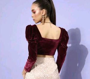 Burgundy Velvet Puff Sleeve Crop Top