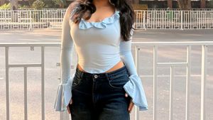 Baby Blue Bell Sleeve Crop Top from new me