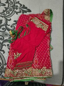 Red Bandhani Saree with Embellishments