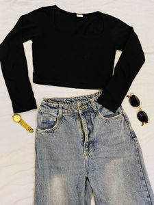 Black Long Sleeve Cropped Top