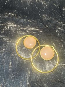 Gold Hoop Earrings with Pink Stone