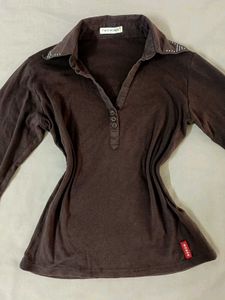 Brown Collared Long Sleeve Top