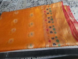 Vibrant Red &amp; Gold Silk Saree. without blouse