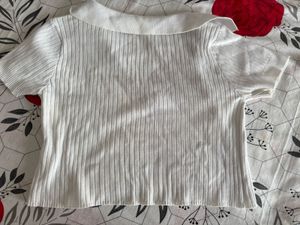 Urbanic White Ribbed Collared Crop Top