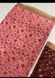 Pretty Peachy Pink Saree With Unstictched Blouse Material
