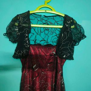 Elegant Maroon Floral Dress with Black Bolero