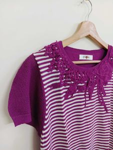 Striped Knit Top with Floral Applique