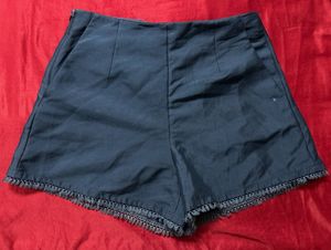 Navy Blue High-Waisted Shorts with Fringe