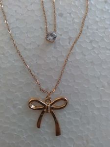 Gold Bow &amp; Gem Double-layered Necklace