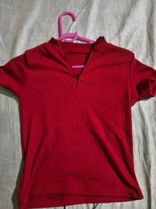 Ribbed Red Quarter-Zip Crop Top