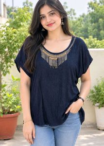 Women's Black Embellished Neck Top