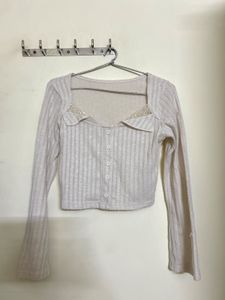 Cream Ribbed Bell Sleeve Top