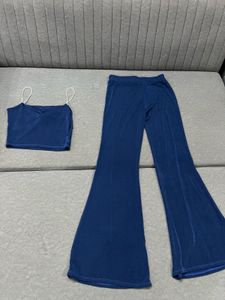 Blue Crop Top and Flare Pants Set