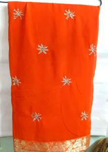 Orange Floral Embroidered Saree