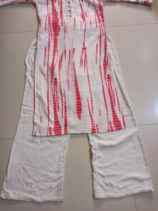 Pink&amp;White Color Kurti Palazo Set With Dupatta