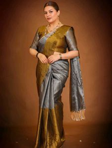 Elegant Grey &amp; Gold Saree tissue sare