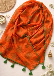 Orange Printed Dupatta with Tassels – Ethnic & Sty