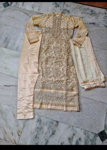 heavy real mirror &amp; zari work tissue kurta set