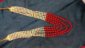 Elegant Pearl &amp; Red Beaded Necklace