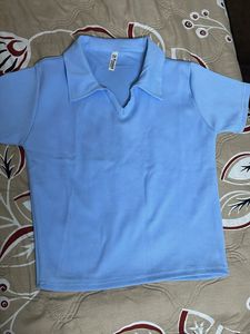 Baby Blue Ribbed Polo Crop Top