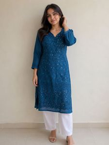 Elegant Teal Chikankari Kurta with Sequins