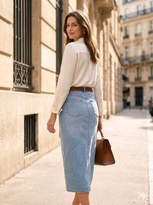 Light Wash Denim Maxi Skirt with Slit