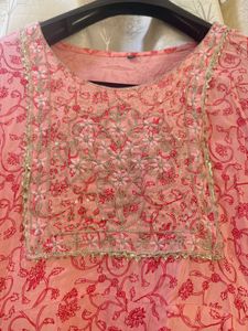 Pink Floral Kurta with Embellished Neckline