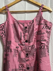 Cute Pink Newspaper Print Button-Front Dress