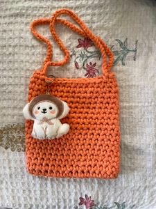 Crocheted Orange Tote Bag with Dog Charm