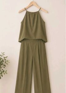Light Olive Green Halter Neck Wide Leg Pants Set
