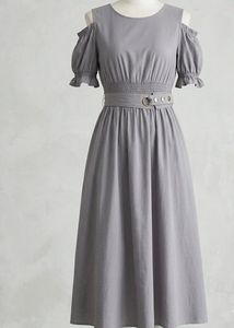 Grey Cold-Shoulder Midi Dress with Grommet Belt