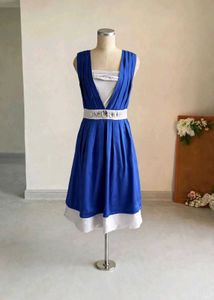 V-Neck Royal Blue Dress with White Belt