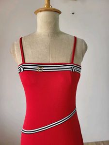 Red Bodycon Dress with Stripe Detail. Length 30 In