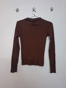 Brown Ribbed Long Sleeve Top