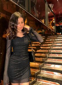 Sparkly Black Mesh Long Sleeve Mini Dress (L)