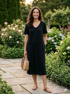 Classic Black V-Neck Midi Dress