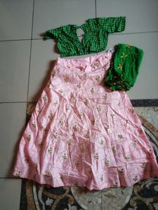 Pink Green Cotton Lehenga Choli Set - Navratri Cha